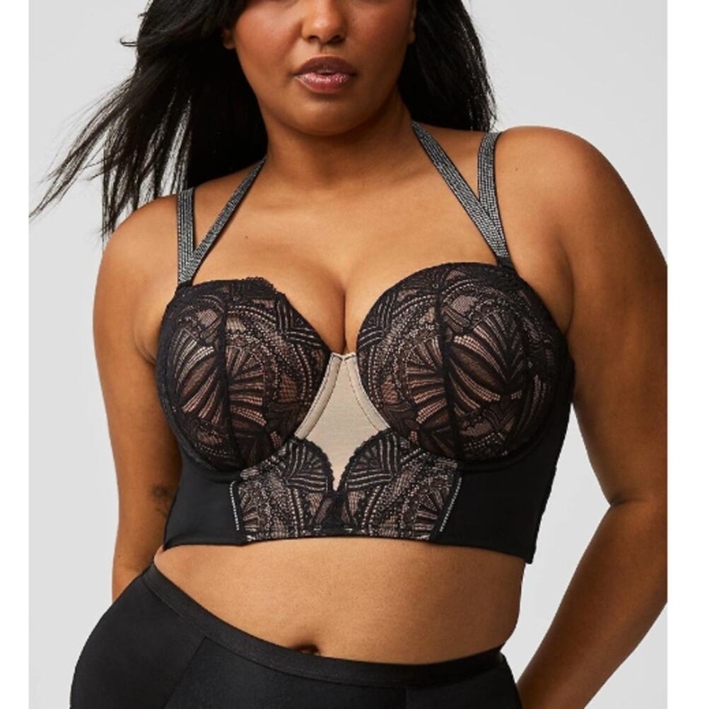 Torrid Women's Rich Black Lace Strapless Push-Up Diamante Longline Bra Size 48C